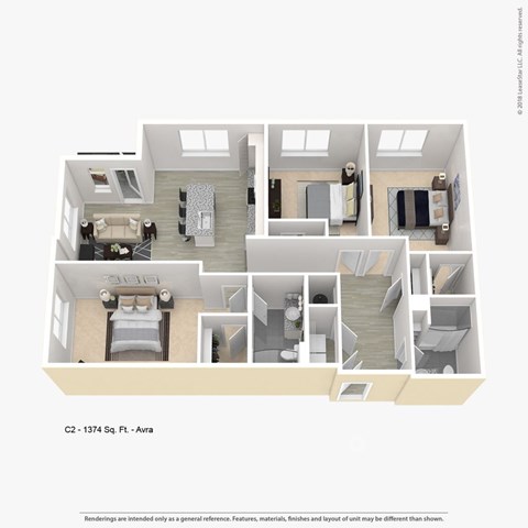 A floor plan of a 1374 square foot Avra apartment.